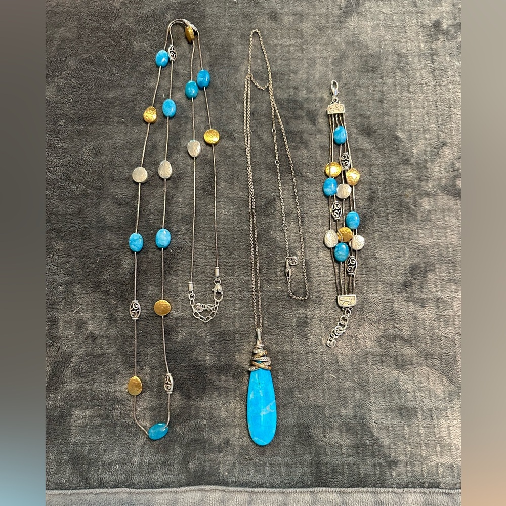 36 inch Brighton necklaces and bracelet matching set turquoise silver and gold
